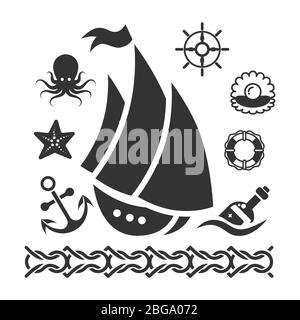 Vintage marine icons set with ship starfish anchor handwheel isolated on white background. Vector illustration Stock Vector