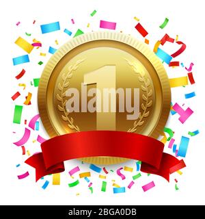 Falling bright confetti and champion gold medal with red ribbon banner isolated on white background. Gold medal bright achievement illustration Stock Vector