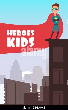 Boy superhero with red cloak over the city buildings vector super kids poster. Super hero boy in cloak illustration Stock Vector