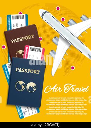 Air travel banner with world globe airline tickets - international vacation concept. Vector illustration Stock Vector
