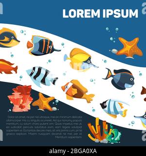 Cartoon sealife or ocean background with fishes and seaweeds. Vector illustration Stock Vector