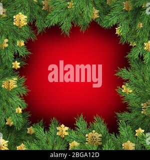 Red background with Christmas tree branches. Festive Xmas template of green branch of pine. EPS 10 Stock Vector