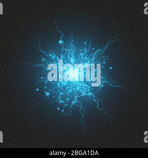 Realistic powerful electrical discharge lightning strike impact sphere effect on transparent background. EPS 10 Stock Vector