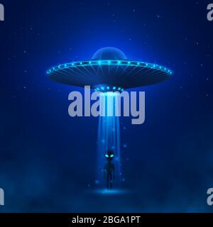 UFO with ray of light fly in night sky. alien landing or invasion. Alien with big green eyes standing in fog. Sci-fi concept. Vector illustration Stock Vector