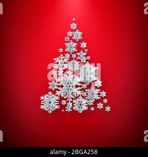 Merry Christmas Greetings card. White Paper cut snow flake tree. Happy New Year. Winter snowflakes background with copyspace. EPS 10 Stock Vector