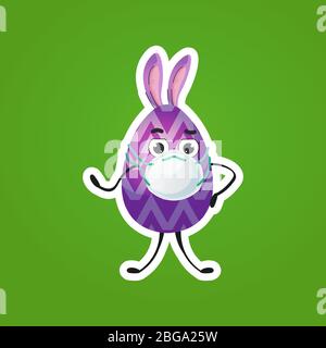 decorated egg with rabbit ears in medical mask happy easter spring holiday coronavirus pandemic quarantine concept sticker vector illustration Stock Vector