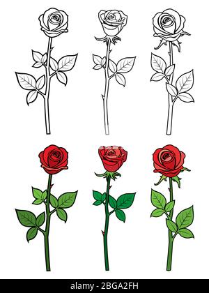 Hand drawn ouline and red roses - flowers coloring page. Vector illustration Stock Vector