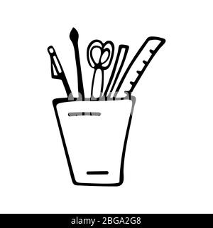 Glass with stationery. Full box. Pen, pencil, ruler, scissors, brush. Black and white doodle style illustration vector Stock Vector