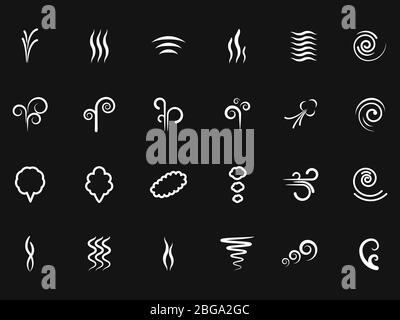 Smoke, wind simple icons on black backdrop. Vector smoke wave line, mist and steam flow illustration Stock Vector