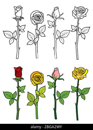 Hand drawn rose coloring page - colorful and outline roses set. Vector illustration Stock Vector