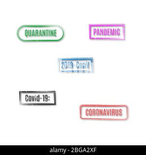 Set of rectangular coronavirus stamps isolated on white background, vector illustration. Stock Vector