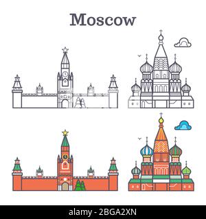 Moscow linear russia landmark, soviet buildings, Red Square isolated on white background. Vector illustration Stock Vector
