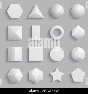 Top view realistic math basic shapes isolated on transparent background. Vector basic geometry shape, square and rectangle, hexagon and triangle illustration Stock Vector