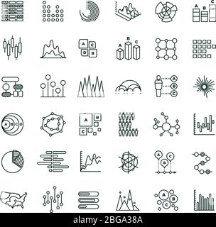 Statistics business graphs and charts outline vector icons. Financial diagrams line pictograms. Diagram and chart, business graph finance illustration Stock Vector