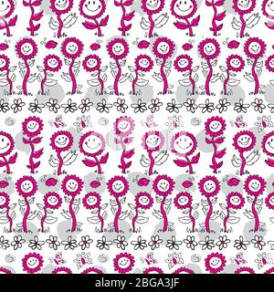 Vector black and white and magenta monochrome cartoon sunflowers repeat pattern with grey polka dots. Suitable for textile, wallpaper and giftwrap. Stock Vector