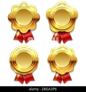 Gold banners with red ribbons isolated on white background. Vector illustration Stock Vector