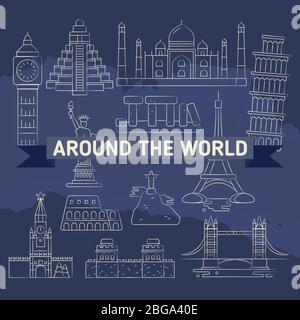 Around the world linear icons set- famous landmarks. Vector illustration Stock Vector