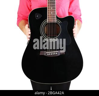 Acoustic guitar in female hands, isolated on white Stock Photo