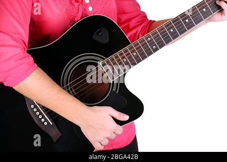 Acoustic guitar in female hands, isolated on white Stock Photo