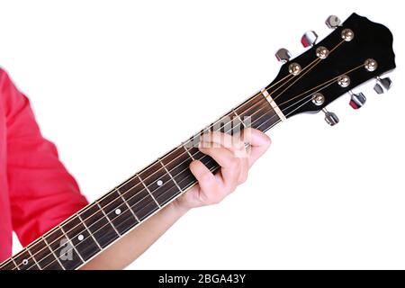 Acoustic guitar in female hands, isolated on white Stock Photo