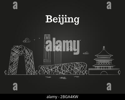China beijing linear panoramic skyline - asian city landscape on black background. Vector illustration Stock Vector