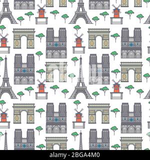 Colorful flat Paris city landmarks seamless pattern background. Vector illustration Stock Vector