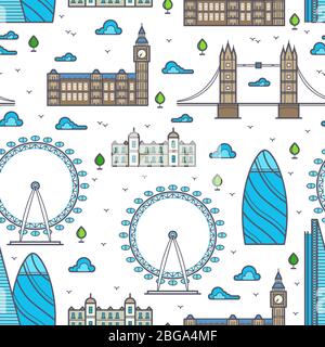 Line London bridges, skylines and sights seamless pattern. Vector illustration Stock Vector