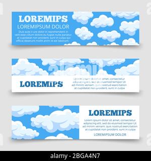 Cartoon clouds horizontal banners template. Poster with blue sky and clouds. Vector illustration Stock Vector