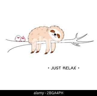 Cute cartoon sloth and birds on tree branch. Inscription Just relax. Isolated on white background. Vector Illustration for nursery design, poster, gre Stock Vector