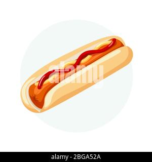 Hot Dog with bread sausage ketchup and mustard. Cartoon fast food banner. Vector illustration Stock Vector