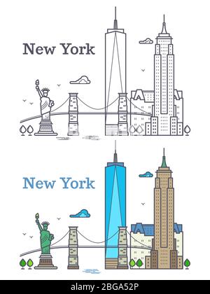 New York city outline skyline, nyc line silhouette, usa tourist and travel concept. Nyc building architecture illustration Stock Vector