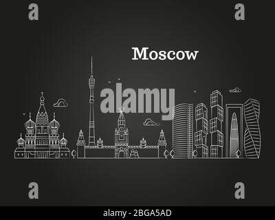 White Moscow linear Russia landmark, modern city skyline, vector panorama with soviet buildings on black background. Vector illustration Stock Vector