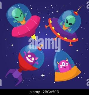 Cartoon funny aliens with ufo in duck starry sky vector set. Alien ufo spaceship in universe illustration Stock Vector