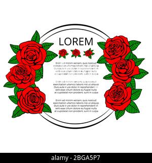 Round banner with red roses and green leaves. Vector illustration Stock Vector