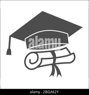 Vector icon of the graduation cap and diploma. A simple stock design, blank, outline, isolated on white background Stock Vector