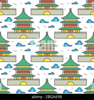 Traditional asian chinese house color seamless pattern. Vector flat illustration Stock Vector