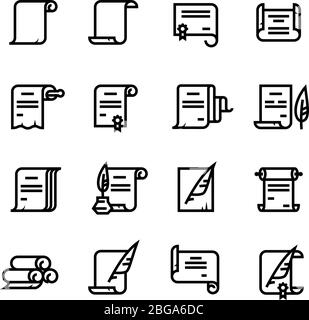 Ancient paper scrolls and documents vector icons. Simple diploma symbols. Illustration of ancient document certificate paper, linear diploma scroll Stock Vector