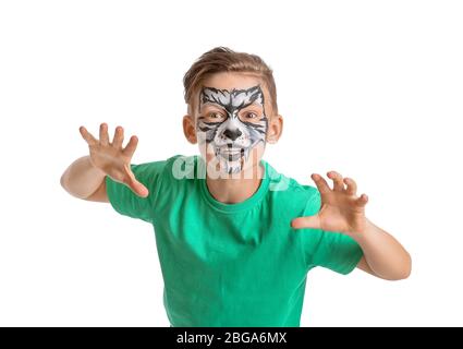 Funny little boy with face painting on white background Stock Photo