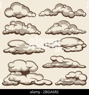 Hand drawn clouds in vintage style vector set. Cloud sketch fluffy, vintage drawing scribble illustration Stock Vector