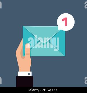 Receiving message vector concept with envelope in users hand. Envelope message correspondence, e-mail receive illustration Stock Vector