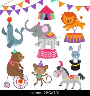 Circus child show cartoon animals vector set. Circus carnival with animals lion bear, elephant and monkey illustration Stock Vector