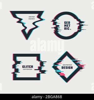 Vector frames with glitch tv distortion effect. Illustration of elements with glitch tv effect screen Stock Vector