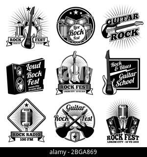 Rock and roll music vector labels. Vintage heavy metal emblems set. Rock music emblem for festival or radio illustration Stock Vector