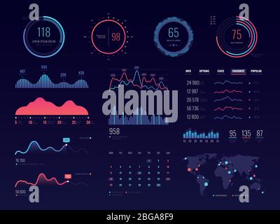 Intelligent technology hud vector interface. Network management data screen with charts and diagrams. Interface screen with colored infographic digital illustration Stock Vector