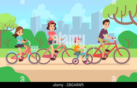 Happy children and parents riding bikes. Active family vector concept. Family on bicycle father mother with daughter and son illustration Stock Vector