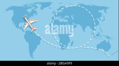 Airplane flying above world map. Aircraft travelling flat vector concept. Flight travel world map illustration Stock Vector