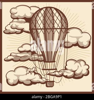 Hand drawn clouds and air balloon vector vintage sketch. Balloon travel in sky, retro air transport illustration Stock Vector