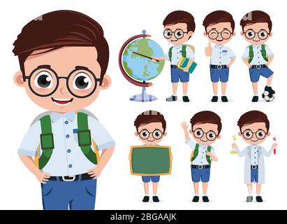 School kid student vector character set. Back to school cute boy student characters wearing eyeglasses and uniform doing educational activities. Stock Vector