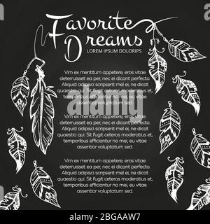 White hand drawn feathers chalkboard poster and banner. Vector illustration Stock Vector
