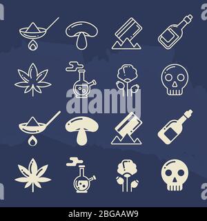 Line and silhouette icons of illegal drug tablets, alcohol addiction, methamphetamine abuse. Vector illustration Stock Vector
